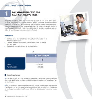 CRECE - Platino y Platino Fundador




1              InCentIvo en eFeCtIvo PoR
                             F
               CALIFICAR A nUevo nIveL
                             evo

Programa dirigido a todos los Empresarios que en el Año Fiscal 2010–2011
alcancen por primera vez el Nivel Platino o Platino Fundador, quienes se benefi
                                                                         benefi-
ciarán por su esfuerzo y seguimiento al Plan de Ventas y Mercadeo de Amway.
Los Empresarios Platinos que hayan estado fuera de calificación en los últimos 3
años fiscales (2007-2008, 2008-2009, 2009-2010), también tendrán la oportu
                                                                         oportu-
nidad de participar por este incentivo en efectivo.


ReQUISItoS

    Calificar como Nuevo Platino o Nuevo Platino Fundador en el
    Año Fiscal 2010–2011.
    Generar al menos 150 Puntos Personales durante los meses
    de calificación.
    Todas las líneas deberán ser de América Latina.




                                                       InCentIvo
                                                              $

    Platino                                          6.210.000
    Platino Fundador                                 7.245.000




    Notas Importantes

a) Si en el Año Fiscal 2010–2011 alcanzas por primera vez el Nivel Platino y también
alcanzas el Nivel Platino Fundador, recibirás el incentivo de Platino Fundador por ser
un nivel mayor.

b) Los incentivos por nuevo nivel serán pagados una vez la calificación esté validada
y aprobada. Si en un mes posterior dentro del mismo año fiscal 2010-2011 alcanzas
un nivel superior, recibirás la diferencia del monto recibido v/s el monto del nuevo
nivel.


14 / Incentivos para el Crecimiento 2010 – 2011
 