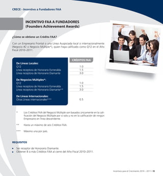 CRECE - Incentivo a Fundadores FAA



           InCentIvo FAA A FUnDADoReS
           (Founders Achievement Awards)

¿Cómo se obtiene un Crédito FAA?

Con un Empresario Frontal o una Línea Auspiciada local o internacionalmente
(Negocio #2 o Negocio Múltiple*), quien haya calificado como Q12 en el Año
Fiscal 2010–2011.


                                                     CRÉDItoS FAA
   De Líneas Locales:
   Q12                                                      1.0
   Línea receptora de Honorario Esmeralda                   1.5
   Línea receptora de Honorario Diamante                    3.0

   De Negocios Múltiples*:
   Q12                                                      1.0
   Línea receptora de Honorario Esmeralda                   1.5
   Línea receptora de Honorario Diamante**                  3.0

   De Líneas Internacionales:
   Otras Líneas internacionales***                          0.5



   *     Los Créditos FAA del Negocio Múltiple son basados únicamente en la cali-
         ficación del Negocio Múltiple por sí solo y no en la calificación de ningún
         Empresario en línea descendente.

   **    Hasta un máximo de seis Créditos FAA.

   ***   Máximo una por país.



ReQUISItoS

   Ser receptor de Honorario Diamante.
   Obtener 8 o más Créditos FAA al cierre del Año Fiscal 2010–2011.




                                                                                       Incentivos para el Crecimiento 2010 – 2011 / 35
 