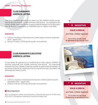 GANA - Seminarios de Negocios


               CLUB DIAMAnte
               AMÉRICA LAtInA
                       LA A

Todo gran Empresario aprende de sus Líderes, por ello, AMWAY facilita una pla pla-
taforma de comunicación con este Seminario internacional. Los Empresarios Dia Dia-
mante y Niveles Superiores tendrán la oportunidad de dialogar con los altos ejecu
                                                                            ejecu-
tivos de Amway enriqueciendo sus habilidades para un negocio sustentable.                            InCentIvo

                                                                                            vIAJe A GReCIA
ReQUISItoS                                                                           para Titular y Cotitular registrados.

    Calificar o recalificar a Nivel Diamante o Nivel Superior durante septiembre
                                                                                         Por lo menos con seis meses
    2010 – agosto 2011.
                                                                                     de anterioridad al cierre del Año Fiscal.
    Generar al menos 150 Puntos Personales mensualmente.




               CLUB DIAMAnte eJeCUtIvo
               AMÉRICA LAtInA
                       LA

El intercambio de experiencias es fundamental en todo negocio, AMWAY lo
reconoce ofreciendo este increíble Seminario internacional. Los Empresarios
Diamante Ejecutivo y Niveles Superiores tendrán la oportunidad de dialogar so so-
bre exitosas prácticas de negocio entre los funcionarios Amway y los Líderes más
destacados de América Latina.


ReQUISItoS

    Calificar o recalificar a Nivel Diamante Ejecutivo o Nivel Superior durante
    septiembre 2010 – agosto 2011.
    Generar al menos 150 Puntos Personales mensualmente.                                             InCentIvo

                                                                                            vIAJe A GReCIA
    Nota Importante
                                                                                     para Titular y Cotitular registrados.
a) Si un Empresario califica como Diamante y Diamante Ejecutivo en el Año Fiscal
                                                                                         Por lo menos con seis meses
2010–2011, el Empresario obtendrá el incentivo al mayor nivel.
                                                                                     de anterioridad al cierre del Año Fiscal.

48 / Incentivos para el Crecimiento 2010 – 2011
 