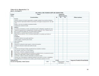 98
Líderes de la Alimentación, C.A.
R.I.F.: J-12346572
PLANILLA DE INSPECCIÓN DE SERVICIOS.
Fecha: Hora: Inspector:
Área: Departamento:
Característica. Si No NA Observaciones.
SANITARIOS
Servicio.
Artefactos sanitarios de material impermeable, inoxidable, acabado liso que facilita la limpieza.
Pisos de material impermeable (baldosín de porcelana) con desagües en proporción de 1 por cada
15 m2
.
Paredes y cielo rasos en acabados con pinturas lavables.
Ventanas para ventilación forzada.
Inodoros.
Un inodoro, un lavamanos, un orinal y una ducha por cada 15 trabajadores, separados por sexos.
Tabiques de separación de los compartimientos con altura mínimo de 1,80 m. Distancia entre el
piso y el comienzo del tabique min. 20 cm para facilitar la limpieza
Papel higiénico y recipientes para las basuras en cada inodoro.
Paredes hasta una altura de 1,20 m, de material impermeable, con acabados que faciliten la
limpieza.
Lavamanos.
Lavamanos colectivos con un grifo cada 60 cm.
Toallas de papel y recipientes para la basura.
Jabón Antibacterial.
LOCKER
Individuales
Aberturas de ventilación en parte superior e inferior de las puertas.
Ventilación suficiente en cuartos para cambio de ropas.
Otros.
COMEDOR
Ubicados fuera del lugar de trabajo, separados de focos insalubres o molestos.
Pisos, paredes y techos lisos y de fácil limpieza.
Iluminación, ventilación y temperatura adecuada.
Gases, humos y vapores producidos son extraídos por ventilación local, con suministro de aire de
remplazo en el lugar donde se instale el sistema de ventilación.
Local limpio, residuos de alimentos depositados en recipiente cerrado.
Alimentos que se descomponen a temperatura ambiente conservados en neveras o congeladores.
Agua potable para el cocimiento de las comidas y para el lavado de utensilios de cocina.
Elaborado Por:
Servicio de Seguridad y Salud Laboral.
CSySL Inspector/Nombre/Firma/Huella.
DDP Firma Representante
del Patrono
Firma
 