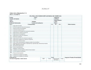 102
PLANILLA IV
Líderes de la Alimentación, C.A.
R.I.F.: J-12346572
PLANILLA DE INSPECCIÓN GENERAL DE VEHÍCULO.
Fecha: Hora: Inspector:
Nombre del dueño: C.I. Teléfono:
Área: Departamento:
Marca: Modelo: Color:
Fecha de Fabricación: Lectura del odómetro: Placa:
Nro. Característica. Si No NA Observaciones.
1 Juego libre del Volante
2 Nivel del Liquido de la dirección de potencia
3 Prueba de rebote del amortiguador
4 Control de la altura del chasis
5 Control del nivel del liquido de la transmisión automática
6 Inspeccionar las varillas de la dirección
7 Inspeccionar los amortiguadores
8 Inspeccionar los bujes de la suspensión
9 Rotula de la suspensión
10 Inspeccionar los sellos de la rotula de la suspensión
11 Inspeccionar el desgaste de la rotula de la suspensión
12 Inspeccionar la altura del chasis
13 Luces: Frenos, estacionamiento, emergencia, señales, luces de tableros.
14
Operaciones de las luces frontales: Izquierdas altas, izquierdas bajas, derechas altas, derechas
bajas, operación de la bocina
15 Recorrido del pedal de freno
16 Freno de estacionamiento
17 Mangueras y líneas de frenos
18 Condición y nivel del liquido de cilindro de frenos maestro
19 Nivel de sistema de enfriamiento
20 Potencia del anticongelante
21 Condición de la manguera de radiador
22 Condición de la manguera de calentador
Elaborado Por:
Servicio de Seguridad y Salud Laboral.
CSySL Inspector/Nombre/Firma/Huella.
DDP Firma Representante
del Patrono
Firma
 