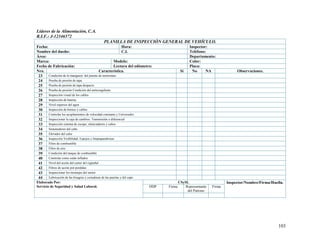 103
Líderes de la Alimentación, C.A.
R.I.F.: J-12346572
PLANILLA DE INSPECCIÓN GENERAL DE VEHÍCULO.
Fecha: Hora: Inspector:
Nombre del dueño: C.I. Teléfono:
Área: Departamento:
Marca: Modelo: Color:
Fecha de Fabricación: Lectura del odómetro: Placa:
Nro. Característica. Si No NA Observaciones.
23 Condición de la manguera del puente de termostato
24 Prueba de presión de tapa
25 Prueba de presión de tapa despacio
26 Prueba de presión Condición del anticongelante
27 Inspección visual de los cables
28 Inspección de batería
29 Nivel superior del agua
30 Inspección de bornes y cables
31 Controlar los acoplamientos de velocidad constante y Universales
32 Inspeccionar la caja de cambios. Transmisión o diferencial
33 Inspección sistema de escape, silenciadores y caños
34 Sostenedores del caño
35 Elevador del calor
36 Inspección Visibilidad. Espejos y limpiaparabrisas
37 Filtro de combustible
38 Filtro de aire
39 Condición del tanque de combustible
40 Controlar como están inflados
41 Nivel del aceite del carter del cigüeñal
42 Filtros de aceite por perdidas
43 Inspeccionar los montajes del motor
44 Lubricación de las bisagras y cerraduras de las puertas y del capo
Elaborado Por:
Servicio de Seguridad y Salud Laboral.
CSySL Inspector/Nombre/Firma/Huella.
DDP Firma Representante
del Patrono
Firma
 