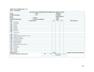 109
Líderes de la Alimentación, C.A.
R.I.F.: J-12346572
PLANILLA DE INSPECCIÓN GENERAL DE AMBULANCIA.
Fecha: Hora: Inspector:
Nombre del dueño: C.I. Teléfono:
Área: Departamento:
Marca: Modelo: Color:
Fecha de Fabricación: Lectura del odómetro: Placa:
Nro. Característica. Si No NA Observaciones.
98 Paracetamol
99 Amiodaroma
100 Atropina
101 Captopril
102 Dopamina
103 Epinefrina
104 Furosemida
105 Hidrocortisona
106 Lidocaína
107 Nitrato (nitroglicerina) cápsulas de 0.4 mg
108 Salbutamol o albuterol
109 Succinilcolina terbutalina
110 Gluconato de calcio
111 Sulfato de magnesio
112 Metilprednisolona
113 Relajantes Musculares (Vecuronio)
114 Verapramil
115 Procainamida
116 Oxitocina
117 Labetalol
118 Ketorolaco
Elaborado Por:
Servicio de Seguridad y Salud Laboral.
CSySL Inspector/Nombre/Firma/Huella.
DDP Firma Representante
del Patrono
Firma
 