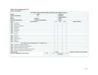 111
Líderes de la Alimentación, C.A.
R.I.F.: J-12346572
PLANILLA DE INSPECCIÓN GENERAL DE AMBULANCIA.
Fecha: Hora: Inspector:
Nombre del dueño: C.I. Teléfono:
Área: Departamento:
Marca: Modelo: Color:
Fecha de Fabricación: Lectura del odómetro: Placa:
Nro. Característica. Si No NA Observaciones.
140 Ketorolaco
141 Isoproferenol
142 Bromuro de Opratropio
143 Haloperidol
144 Flumazenil
145 Fenobarbital
146 Fenitoina
147 Esmolol
148 Ergonovina
149 Difenidol
150 Beclometasoma
151 Manitol
152 Midazolam
DOCUMENTACIÓN REQUERIDA EN LA AMBULANCIA
153 Protocolos de manejo de Pacientes
154 Manual de Procedimientos Administrativos
155 Sistema de Registro para Usuarios
156 Protocolos para Centro de Recepción de Llamadas
157 Normas de Procedimientos de Bioseguridad
Elaborado Por:
Servicio de Seguridad y Salud Laboral.
CSySL Inspector/Nombre/Firma/Huella.
DDP Firma Representante
del Patrono
Firma
 