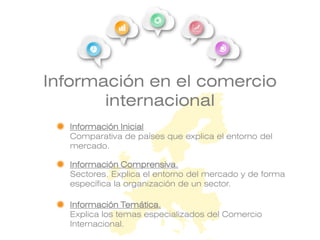 Información en el comercio
internacional
Información Inicial
Comparativa de países que explica el entorno del
mercado.
Información Comprensiva.
Sectores. Explica el entorno del mercado y de forma
específica la organización de un sector.
Información Temática.
Explica los temas especializados del Comercio
Internacional.
 