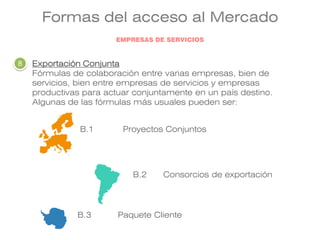 Formas del acceso al Mercado
Exportación Conjunta
Fórmulas de colaboración entre varias empresas, bien de
servicios, bien entre empresas de servicios y empresas
productivas para actuar conjuntamente en un país destino.
Algunas de las fórmulas más usuales pueden ser:
B.1
B.2
B.3
Proyectos Conjuntos
Consorcios de exportación
Paquete Cliente
B
EMPRESAS DE SERVICIOS
 