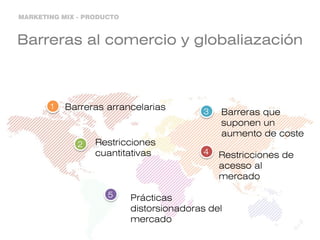 Barreras al comercio y globaliazación
Barreras arrancelarias
Restricciones
cuantitativas
Barreras que
suponen un
aumento de coste
Restricciones de
acesso al
mercado
1
2
3
4
5 Prácticas
distorsionadoras del
mercado
MARKETING MIX - PRODUCTO
 