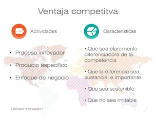 Ventaja competitva
Acitividades Características
• Proceso innovador
• Producto específico
• Enfoque de negocio
• Que sea claramente
diferenciadora de la
competencia
• Que la diferencia sea
sustancial e importante
• Que sea sostenible
• Que no sea imitable
¿DÓNDE ESTAMOS?
 