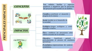 CONCEPTO
Son señales, huellas y aspectos
positivos o negativos que la ejecución
del proyecto provocarán en un ámbito.
IMPACTOS
Científico.-contribuirá al desarrollo y
progreso de la ciencia.
Social.-incidirá en el desarrollo de
la sociedad.
Ecológico.-riesgos ecológicos y como
pretender evitarlos.
Ético.- establecer las percusiones sobre
valores cruciales de la sociedad.
Educativo.- beneficiará general y
particularmente al proceso de enseñanza-
aprendizaje.
Económico.-repercusiones de carácter
económico.
 
