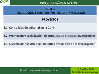 INVESTIGACIÓN EN LA CUN
                          RETO 3.
         PRODUCCIÓN EDITORIAL, VISIBILIDAD Y MEDICIÓN

                                PROYECTOS

3.1. Consolidación editorial en la CUN.

3.2. Promoción y socialización de productos y procesos investigativos

3.3. Sistema de registro, seguimiento y evaluación de la investigación




            Plan Estratégico de investigaciones           17 – 02 – 2011
                                                    Dirección de Investigación
 