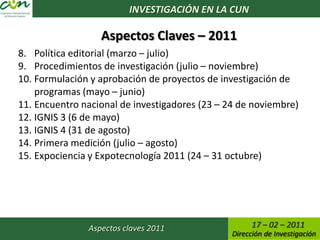 INVESTIGACIÓN EN LA CUN

                  Aspectos Claves – 2011
8. Política editorial (marzo – julio)
9. Procedimientos de investigación (julio – noviembre)
10. Formulación y aprobación de proyectos de investigación de
    programas (mayo – junio)
11. Encuentro nacional de investigadores (23 – 24 de noviembre)
12. IGNIS 3 (6 de mayo)
13. IGNIS 4 (31 de agosto)
14. Primera medición (julio – agosto)
15. Expociencia y Expotecnología 2011 (24 – 31 octubre)




               Aspectos claves 2011                   17 – 02 – 2011
                                                Dirección de Investigación
 