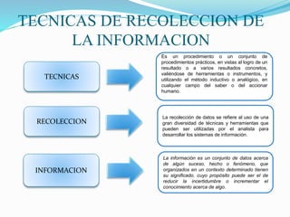 TECNICAS DE RECOLECCION DE
LA INFORMACION
TECNICAS
RECOLECCION
INFORMACION
Es un procedimiento o un conjunto de
procedimientos prácticos, en vistas al logro de un
resultado o a varios resultados concretos,
valiéndose de herramientas o instrumentos, y
utilizando el método inductivo o analógico, en
cualquier campo del saber o del accionar
humano.
La recolección de datos se refiere al uso de una
gran diversidad de técnicas y herramientas que
pueden ser utilizadas por el analista para
desarrollar los sistemas de información.
La información es un conjunto de datos acerca
de algún suceso, hecho o fenómeno, que
organizados en un contexto determinado tienen
su significado, cuyo propósito puede ser el de
reducir la incertidumbre o incrementar el
conocimiento acerca de algo.
 