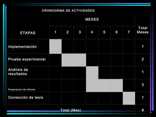 ETAPAS
MESES
Total
Meses1 2 3 4 5 6 7
Implementación               1
Prueba experimental               2
Análisis de
resultados
              1
Preparación de informe
              3
Corrección de tesis               1
Total (Mes) 8
CRONOGRMA DE ACTIVIDADES
 