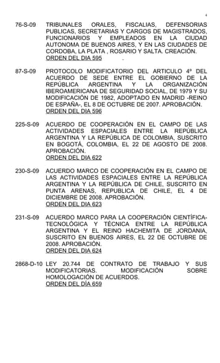 4

76-S-09    TRIBUNALES   ORALES,     FISCALIAS,  DEFENSORIAS
           PUBLICAS, SECRETARIAS Y CARGOS DE MAGISTRADOS,
           FUNCIONARIOS Y EMPLEADOS EN LA CIUDAD
           AUTONOMA DE BUENOS AIRES, Y EN LAS CIUDADES DE
           CORDOBA, LA PLATA , ROSARIO Y SALTA. CREACIÓN.
           ORDEN DEL DIA 595      .

87-S-09    PROTOCOLO MODIFICATORIO DEL ARTICULO 4º DEL
           ACUERDO DE SEDE ENTRE EL GOBIERNO DE LA
           REPÚBLICA    ARGENTINA    Y    LA    ORGANIZACIÓN
           IBEROAMERICANA DE SEGURIDAD SOCIAL, DE 1979 Y SU
           MODIFICACIÓN DE 1982, ADOPTADO EN MADRID -REINO
           DE ESPAÑA-, EL 8 DE OCTUBRE DE 2007. APROBACIÓN.
           ORDEN DEL DIA 596

225-S-09   ACUERDO DE COOPERACIÓN EN EL CAMPO DE LAS
           ACTIVIDADES ESPACIALES ENTRE LA REPÚBLICA
           ARGENTINA Y LA REPÚBLICA DE COLOMBIA, SUSCRITO
           EN BOGOTÁ, COLOMBIA, EL 22 DE AGOSTO DE 2008.
           APROBACIÓN.
           ORDEN DEL DIA 622

230-S-09   ACUERDO MARCO DE COOPERACIÓN EN EL CAMPO DE
           LAS ACTIVIDADES ESPACIALES ENTRE LA REPÚBLICA
           ARGENTINA Y LA REPÚBLICA DE CHILE, SUSCRITO EN
           PUNTA ARENAS, REPUBLICA DE CHILE, EL 4 DE
           DICIEMBRE DE 2008. APROBACIÓN.
           ORDEN DEL DIA 623

231-S-09   ACUERDO MARCO PARA LA COOPERACIÓN CIENTÍFICA-
           TECNOLÓGICA Y TÉCNICA ENTRE LA REPÚBLICA
           ARGENTINA Y EL REINO HACHEMITA DE JORDANIA,
           SUSCRITO EN BUENOS AIRES, EL 22 DE OCTUBRE DE
           2008. APROBACIÓN.
           ORDEN DEL DIA 624

2868-D-10 LEY 20.744 DE CONTRATO DE TRABAJO          Y SUS
          MODIFICATORIAS.     MODIFICACIÓN           SOBRE
          HOMOLOGACIÓN DE ACUERDOS.
          ORDEN DEL DÍA 659
 
