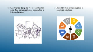  La defensa del país y su constitución
ante las conspiraciones nacionales e
internacionales.
 Atención de la infraestructura y
servicios públicos.
 