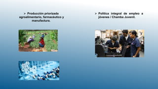  Producción priorizada
agroalimentario, farmacéutico y
manufactura.
 Política integral de empleo a
jóvenes / Chamba Juvenil.
 