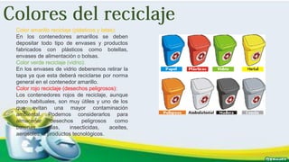 Color amarillo reciclaje (plásticos y latas):
En los contenedores amarillos se deben
depositar todo tipo de envases y productos
fabricados con plásticos como botellas,
envases de alimentación o bolsas.
Color verde reciclaje (vidrio):
En los envases de vidrio deberemos retirar la
tapa ya que esta deberá reciclarse por norma
general en el contenedor amarillo.
Color rojo reciclaje (desechos peligrosos):
Los contenedores rojos de reciclaje, aunque
poco habituales, son muy útiles y uno de los
que evitan una mayor contaminación
ambiental. Podemos considerarlos para
almacenar desechos peligrosos como
baterias, pilas, insecticidas, aceites,
aerosoles, o productos tecnológicos.
 
