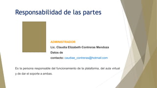 Responsabilidad de las partes
ADMINISTRADOR
Lic. Claudia Elizabeth Contreras Mendoza
Datos de
contacto: caudiae_contreras@hotmail.com
Es la persona responsable del funcionamiento de la plataforma, del aula virtual
y de dar el soporte a ambas.
 