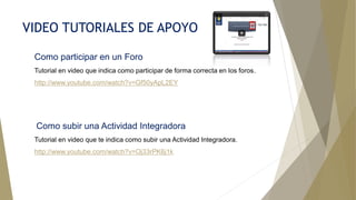 VIDEO TUTORIALES DE APOYO
Como participar en un Foro
Tutorial en video que indica como participar de forma correcta en los foros.
http://www.youtube.com/watch?v=Gf50yApL2EY
Como subir una Actividad Integradora
Tutorial en video que te indica como subir una Actividad Integradora.
http://www.youtube.com/watch?v=Oj33rPK6j1k
 