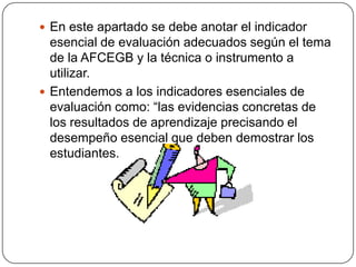  En este apartado se debe anotar el indicador
esencial de evaluación adecuados según el tema
de la AFCEGB y la técnica o instrumento a
utilizar.
 Entendemos a los indicadores esenciales de
evaluación como: “las evidencias concretas de
los resultados de aprendizaje precisando el
desempeño esencial que deben demostrar los
estudiantes.
 