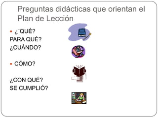 Preguntas didácticas que orientan el
Plan de Lección
 ¿´QUÉ?
PARA QUÉ?
¿CUÁNDO?
 CÓMO?
¿CON QUÉ?
SE CUMPLIÓ?
 
