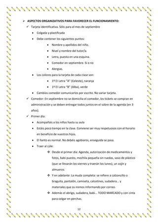 12
 ASPECTOS ORGANIZATIVOS PARA FAVORECER EL FUNCIONAMIENTO:
 Tarjeta identificativa. Sólo para el mes de septiembre
 Colgada y plastificada
 Debe contener los siguientes puntos:
 Nombre y apellidos del niño.
 Nivel y nombre del tutor/a.
 Letra, puesta en una esquina.
 Comedor en septiembre. Si o no
 Alergias.
 Los colores para la tarjeta de cada clase son:
 1º EI Letra “A” (Celeste), naranja
 1º EI Letra “B” (Alba), verde
 Cambios comedor comunicarlos por escrito. No variar tarjeta.
 Comedor: En septiembre no se domicilia el comedor, los tickets se compran en
administración y se deben entregar todos juntos en el sobre de la agenda (en 3
años).
 Primer día:
 Acompañáis a los niños hasta su aula
 Estáis poco tiempo en la clase. Conviene ser muy respetuosos con el horario
en beneficio de vuestros hijos.
 El llanto es normal. No debéis agobiaros, enseguida se pasa.
 Traer al cole:
 Desde el primer día: Agenda, autorización de medicamentos y
fotos, babi puesto, mochila pequeña sin ruedas, vaso de plástico
(que se llevarán los viernes y traerán los lunes), un cojín y
almuerzo.
 Y en adelante: La muda completa: se refiere a calzoncillo o
braguita, pantalón, camiseta, calcetines, sudadera… y
materiales que os iremos informando por correo.
 Además el abrigo, sudadera, babi... TODO MARCADO y con cinta
para colgar en perchas.
 