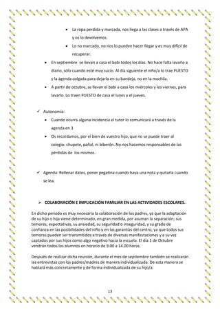 13
 La ropa perdida y marcada, nos llega a las clases a través de APA
y os lo devolvemos.
 Lo no marcado, no nos lo pueden hacer llegar y es muy difícil de
recuperar.
 En septiembre se llevan a casa el babi todos los días. No hace falta lavarlo a
diario, sólo cuando esté muy sucio. Al día siguiente el niño/a lo trae PUESTO
y la agenda colgada para dejarla en su bandeja, no en la mochila.
 A partir de octubre, se llevan el babi a casa los miércoles y los viernes, para
lavarlo. Lo traen PUESTO de casa el lunes y el jueves.
 Autonomía:
 Cuando ocurra alguna incidencia el tutor lo comunicará a través de la
agenda en 3
 Os recordamos, por el bien de vuestro hijo, que no se puede traer al
colegio: chupete, pañal, ni biberón. No nos hacemos responsables de las
pérdidas de los mismos.
 Agenda: Rellenar datos, poner pegatina cuando haya una nota y quitarla cuando
se lea.
 COLABORACIÓN E IMPLICACIÓN FAMILIAR EN LAS ACTIVIDADES ESCOLARES.
En dicho periodo es muy necesaria la colaboración de los padres, ya que la adaptación
de su hijo o hija viene determinado, en gran medida, por asuman la separación; sus
temores, expectativas, su ansiedad, su seguridad o inseguridad, y su grado de
confianza en las posibilidades del niño y en las garantías del centro, ya que todos sus
temores pueden ser transmitidos a través de diversas manifestaciones y a su vez
captados por sus hijos como algo negativo hacia la escuela. El día 1 de Octubre
vendrán todos los alumnos en horario de 9.00 a 14.00 horas.
Después de realizar dicha reunión, durante el mes de septiembre también se realizarán
las entrevistas con los padres/madres de manera individualizada. De esta manera se
hablará más concretamente y de forma individualizada de su hijo/a.
 