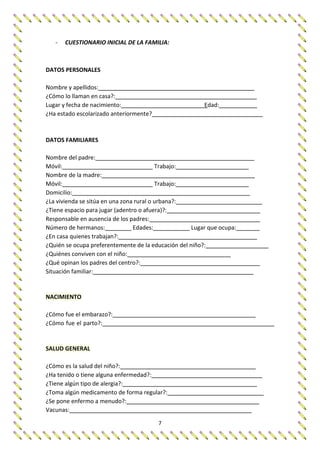7
- CUESTIONARIO INICIAL DE LA FAMILIA:
DATOS PERSONALES
Nombre y apellidos:
¿Cómo lo llaman en casa?:
Lugar y fecha de nacimiento: Edad:
¿Ha estado escolarizado anteriormente?
DATOS FAMILIARES
Nombre del padre:
Móvil: Trabajo:
Nombre de la madre:
Móvil: Trabajo:
Domicilio:
¿La vivienda se sitúa en una zona rural o urbana?:
¿Tiene espacio para jugar (adentro o afuera)?:
Responsable en ausencia de los padres:
Número de hermanos: Edades: Lugar que ocupa:
¿En casa quienes trabajan?:
¿Quién se ocupa preferentemente de la educación del niño?:
¿Quiénes conviven con el niño:
¿Qué opinan los padres del centro?:
Situación familiar:
NACIMIENTO
¿Cómo fue el embarazo?:
¿Cómo fue el parto?:
SALUD GENERAL
¿Cómo es la salud del niño?:
¿Ha tenido o tiene alguna enfermedad?:
¿Tiene algún tipo de alergia?:
¿Toma algún medicamento de forma regular?:
¿Se pone enfermo a menudo?:
Vacunas:
 