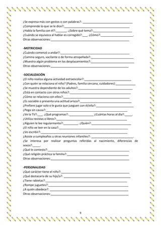 9
¿Se expresa más con gestos o con palabras?:
¿Comprende lo que se le dice?:
¿Habla la familia con él?: . ¿Sobre qué tema?:
¿Cuándo se equivoca al hablar es corregido?: . ¿Cómo?: .
Otras observaciones:
-MOTRICIDAD
¿Cuándo comenzó a andar?:
¿Camina seguro, vacilante o de forma atropellada?:
¿Muestra algún problema en los desplazamientos?:
Otras observaciones:
-SOCIALIZACIÓN
¿El niño realiza alguna actividad extraescolar?:
¿Con quién se relaciona el niño? (Padres, familia cercana, cuidadores):
¿Se muestra dependiente de los adultos?:
¿Está en contacto con otros niños?:
¿Cómo se relaciona con ellos?:
¿Es sociable o presenta una actitud arisca?:
¿Prefiere jugar solo o le gusta que jueguen con él/ella?:
¿Pega sin causa?:
¿Ve la TV?: . ¿Qué programas?:. ¿Cuántas horas al día?: .
¿Utiliza revistas o libros?:
¿Alguien le lee regularmente?: . ¿Quién?:
¿El niño ve leer en la casa?:
¿Ve escribir?:
¿Asiste a cumpleaños u otras reuniones infantiles?: .
¿Se interesa por realizar preguntas referidas al nacimiento, diferencias de
sexos?: .
¿Qué le contesto?:
¿Qué religión práctica la familia?:
Otras observaciones:
-PERSONALIDAD
¿Qué carácter tiene el niño?:
¿Qué destacaría de su hijo/a?:
¿Tiene rabietas?:
¿Rompe juguetes?:
¿A quién obedece?:
Otras observaciones:
 