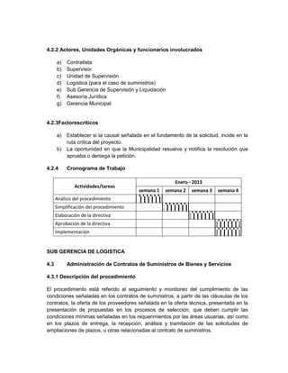 4.2.2 Actores, Unidades Orgánicas y funcionarios involucrados

      a)   Contratista
      b)   Supervisor
      c)   Unidad de Supervisión
      d)   Logística (para el caso de suministros)
      e)   Sub Gerencia de Supervisión y Liquidación
      f)   Asesoría Jurídica
      g)   Gerencia Municipal


4.2.3Factorescríticos

      a)   Establecer si la causal señalada en el fundamento de la solicitud, incide en la
           ruta crítica del proyecto.
      b)   La oportunidad en que la Municipalidad resuelve y notifica la resolución que
           aprueba o deniega la petición.

4.2.4      Cronograma de Trabajo

                                                          Enero - 2013
               Actividades/tareas
                                          semana 1   semana 2    semana 3   semana 4
      Análisis del procedimiento
      Simplificación del procedimiento
      Elaboración de la directiva
      Aprobación de la directiva
      Implementación


SUB GERENCIA DE LOGISTICA

4.3        Administración de Contratos de Suministros de Bienes y Servicios

4.3.1 Descripción del procedimiento

El procedimiento está referido al seguimiento y monitoreo del cumplimiento de las
condiciones señaladas en los contratos de suministros, a partir de las cláusulas de los
contratos, la oferta de los proveedores señalada en la oferta técnica, presentada en la
presentación de propuestas en los procesos de selección, que deben cumplir las
condiciones mínimas señaladas en los requerimientos por las áreas usuarias, así como
en los plazos de entrega, la recepción, análisis y tramitación de las solicitudes de
ampliaciones de plazos, u otras relacionadas al contrato de suministros.
 
