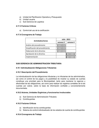 a)   Unidad de Planificacion Operativa y Presupuesto
    b)   Unidad usuaria
    c)   Sub Gerencia de Logística

4.17.3 Factores Críticos

    a)   Control del uso de la certificación

4.17.4 Cronograma de Trabajo

                                                            Julio - 2013
                        Actividades/tareas
                                                      semana 3     semana 4
             Análisis del procedimiento
             Simplificación del procedimiento
             Elaboración de la directiva
             Aprobación de la directiva
             Implementación


SUB GERENCIA DE ADMNINISTRACION TRIBUTARIA

4.18 Individualización Obligaciones Tributarias

4.18.1 Descripción del Procedimiento

La individualización de las obligaciones tributarias y no tributarias de los administrados,
así como el control de los pagos y la posibilidad de mostrar su estado de cuentas
constituye una prioridad para la Municipalidad, tanto para mantener la vigencia y
efectividad de las obligaciones, así como para realizar los registros contables de la las
cuentas por cobrar, sobre la base de información confiable y convenientemente
documentada.

4.18.2 Actores, Unidades Orgánicas y funcionarios involucrados

    a)   Sub Gerencia de Administración Tributaria
    b)   Contribuyentes

4.18.3 Factores Críticos

    a)   Identificación de los contribuyentes
    b)   Sistema de control individualizado de los estados de cuenta de contribuyentes

4.18.4 Cronograma de Trabajo
 