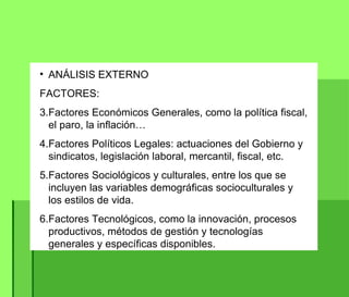 ANÁLISIS EXTERNO FACTORES: Factores Económicos Generales, como la política fiscal, el paro, la inflación… Factores Políticos Legales: actuaciones del Gobierno y sindicatos, legislación laboral, mercantil, fiscal, etc. Factores Sociológicos y culturales, entre los que se incluyen las variables demográficas socioculturales y los estilos de vida. Factores Tecnológicos, como la innovación, procesos productivos, métodos de gestión y tecnologías generales y específicas disponibles. 