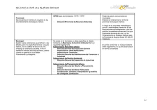 SEGUNDA ETAPA DEL PLAN DE MANEJO

OPDS leyes de ministerios 13175 / 13757
Provincial:
Se encuentra en trámite un proyecto de ley
de ordenamiento de bosques nativos

-

Dirección Provincial de Recursos Naturales

Poder de policía concurrente con
municipios
Elaborar el ordenamiento territorial
provincial de busques nativos
A cargo de la propuesta metodológica
para el Ordenamiento Territorial de los
Bosques Nativos Bonaerenses y de una
solicitud de asistencia financiera, los que
finalmente derivarán en una Ley de
Ordenamiento de Bosques Nativos para
la Provincia de Buenos Aires; NO SALIÓ
TODAVÍA

Municipal:
Existen varias ordenanzas que refieren a los
árboles, pero no específicamente a bosques
nativos, no los califica de ese modo, sin
embargo la ordenanza cautelar 3178/11
señala los relictos del bosque blanco, ceibos
y selva en galería los que deben
inventariarse y protegerse.

No existe en el Municipio un área específica de Medio
Ambiente, la Secretaria de Control Ambiental tiene el
siguiente organigrama:
Subsecretaría de Control Urbano
Dirección General de Inspección General
Inspección de Obras Particulares
Inspección de Comercios
Dirección General de Habilitaciones de Comercios e
Industrias
Subsecretaría de Gestión Ambiental
Dirección General de Inspección de Industrias

El control ambiental se realiza mediante
estos organismos, los que buscan actuar
en forma concertada

Subsecretaría de Planeamiento Urbano
Dirección General de Diseño y Planeamiento
Urbano
Dirección General de Obras Particulares
Coordinación, Comisión, Interpretación y Análisis
del Código de Zonificación

22

 