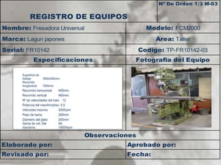 REGISTRO DE EQUIPOS 
Nº De Orden 1/3 M-03 
Nombre: Fresadora Universal Modelo: FCM2000 
Marca: Lagun japones Area: Taller 
Serial: FR10142 Codigo: TP-FR10142-03 
Especificaciones Fotografia del Equipo 
Observaciones 
Superficie de 
trabajo 1850x350mm. 
Recorrido 
longitudinal 1500mm. 
Recorrido transversal 400mm. 
Recorrido vertical 
460mm. 
Nº de velocidades del man. 12 
Potencia del mandrino(kw) 5.5 
Velocidad maxima 3000rpm 
Paso de barra 
280mm 
Diámetro del plato 250mm 
Gama de vel. Del 
mandrino 
40- 
18000rpm 
Elaborado por: Aprobado por: 
Revisado por: Fecha: 
 