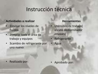 Instrucción técnica 
Actividades a realizar 
• 1revisar los niveles de 
fluidos 
• 2limpiar toda el área de 
trabajo y equipos 
• 3cambio de refrigerante por 
uno nuevo 
• Realizado por: 
Herramientas 
• Utensilios de trabajo( 
alicate destornillador 
envases) 
• Refrigerante 
• Agua 
• Aprobado por: 
 