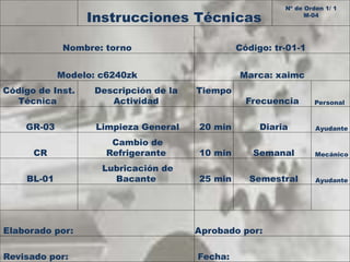 Instrucciones Técnicas 
Nº de Orden 1/ 1 
M-04 
Nombre: torno Código: tr-01-1 
Modelo: c6240zk Marca: xaimc 
Código de Inst. 
Técnica 
Descripción de la 
Actividad 
Tiempo 
Frecuencia Personal 
GR-03 Limpieza General 20 min Diaria Ayudante 
CR 
Cambio de 
Refrigerante 10 min Semanal Mecánico 
BL-01 
Lubricación de 
Bacante 25 min Semestral Ayudante 
Elaborado por: Aprobado por: 
Revisado por: Fecha: 
 
