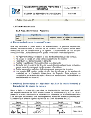 PLAN DE MANTENIMIENTO PREVENTIVO Y
CORRECTIVO
GESTIÓN DE RECURSOS TECNOLÓGICOS

Robles

Código: GRT-DS-001

Versión: 00

Julio

Sala salón C7

3.3. Sede Norte del Cauca
3.3.1. Área Administrativa – Académica
Sede
Norte
del
Cauca

Dependencia

Fecha

Admisiones y Mercadeo

Segunda Semana de Febrero y Cuarta Semana
de Julio

4. Recomendaciones a Usuarios Finales
Una vez terminada la parte técnica del mantenimiento, el personal responsable,
realizará recomendaciones a cada uno de los usuarios, con el objetivo de que estos
contribuyan con la conservación y el óptimo
funcionamiento de los equipos
computacionales. Las recomendaciones que se socializarán serán las siguientes:
No ingerir alimentos y bebidas en el área donde utilice el equipo de cómputo.
No apagar el equipo, sin antes salir adecuadamente del sistema
Hacer buen uso de los recursos de cómputo
Realizar respaldos de información crítica periódicamente
Consultar con el personal del área de soporte técnico cualquier duda o situación
que se presente relacionada con los equipos informáticos.
Cuidar las condiciones físicas de limpieza donde se encuentre el equipo
Los usuarios NO pueden instalar ningún tipo de software en los equipos de
propiedad de la Fundación Universitaria de Popayán. Esta actividad es
competencia únicamente del equipo de soporte técnico previa verificación de la
existencia del licenciamiento.

5. Informes semestrales del resultado del plan de mantenimiento y
formulación de planes de mejora
Hasta la fecha no existen informes sobre los mantenimientos realizados, pero a partir
del segundo semestre del 2012, el responsable de mantenimiento y soporte deberá
presentar al director del Centro de Informática un informe de las actividades realizadas
y los hallazgos encontrados. Este informe permitirá realizar los ajustes al presente plan.
El presente plan entra en vigencia a partir del día 01 de noviembre de 2012.
Elaboro:
Alejandro Hurtado S.
Cargo:
Documentador SGC
Firma:

Reviso:
Wilmer Urrea
Cargo:
Director del Centro de Informática
Firma:

Aprobó:
Fernando Solís Escobar
Cargo:
Vicerrector Administrativo
Firma:

Fecha de
Emisión
01/11/2012
Página 8 de 8

 