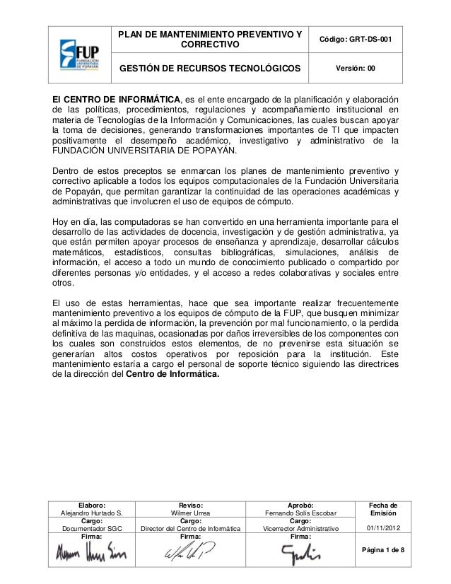 Plan De Mantenimiento Preventivo Y Correctivo