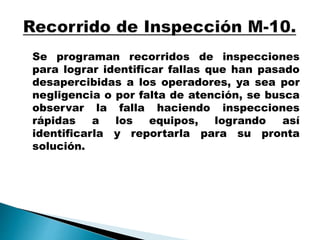 Se programan recorridos de inspecciones
para lograr identificar fallas que han pasado
desapercibidas a los operadores, ya sea por
negligencia o por falta de atención, se busca
observar la falla haciendo inspecciones
rápidas a los equipos, logrando así
identificarla y reportarla para su pronta
solución.
 