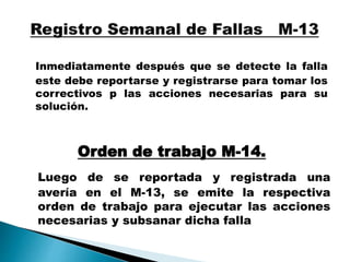 Inmediatamente después que se detecte la falla
este debe reportarse y registrarse para tomar los
correctivos p las acciones necesarias para su
solución.
Orden de trabajo M-14.
Luego de se reportada y registrada una
avería en el M-13, se emite la respectiva
orden de trabajo para ejecutar las acciones
necesarias y subsanar dicha falla
 