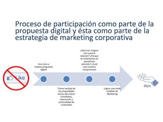 Una clara y
realista propuesta
digital
Tomar ventaja de
las propiedades
únicas del online:
Inmediatez,
interacción y
profundidad de
contenidos
¿Qué van a lograr
con nuestra
relación? ¿Porque
se molestarían en
prestarnos
atención? ¿Cuál
será nuestro
compromiso)
Lograr una meta
medible de
Marketing
Proceso de participación como parte de la
propuesta digital y ésta como parte de la
estrategia de marketing corporativa
 