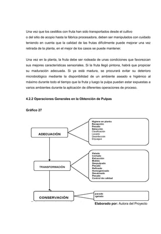 Una vez que los cestillos con fruta han sido transportados desde el cultivo
o del sitio de acopio hasta la fábrica procesadora, deben ser manipulados con cuidado
teniendo en cuenta que la calidad de las frutas difícilmente puede mejorar una vez
retirada de la planta, en el mejor de los casos se puede mantener.


Una vez en la planta, la fruta debe ser rodeada de unas condiciones que favorezcan
sus mejores características sensoriales. Si la fruta llegó pintona, habrá que propiciar
su maduración adecuada. Si ya está madura, se procurará evitar su deterioro
microbiológico mediante la disponibilidad de un ambiente aseado e higiénico al
máximo durante todo el tiempo que la fruta y luego la pulpa puedan estar expuestas a
varios ambientes durante la aplicación de diferentes operaciones de proceso.


4.2.2 Operaciones Generales en la Obtención de Pulpas


Gráfico 27




                                                Elaborado por: Autora del Proyecto
 