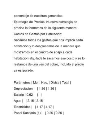 porcentaje de nuestras ganancias.
Estrategia de Precios: Nuestra estrategia de
precios la formamos de la siguiente manera:
Costos de Gastos por Habitación:
Sacamos todos los gastos que nos implica cada
habitación y lo desglosamos de la manera que
mostramos en el cuadro de abajo a cada
habitación alquilada le sacamos ese costo y se lo
restamos de una ves del cobro, incluido el precio
ya estipulado.


Parámetros | Mon. Nac. | Divisa | Total |
Depreciación | | 1.36 | 1.36 |
Salario | 0.62 | | |
Agua | | 2.15 | 2.15 |
Electricidad | | 4.17 | 4.17 |
Papel Sanitario (1) | | 0.20 | 0.20 |
 