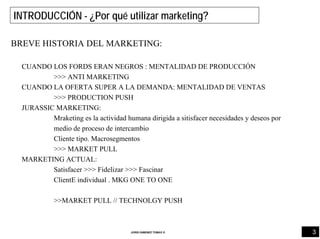 3JORDI GIMENEZ TOMAS ®
INTRODUCCIÓN - ¿Por qué utilizar marketing?
BREVE HISTORIA DEL MARKETING:
CUANDO LOS FORDS ERAN NEGROS : MENTALIDAD DE PRODUCCIÓN
>>> ANTI MARKETING
CUANDO LA OFERTA SUPER A LA DEMANDA: MENTALIDAD DE VENTAS
>>> PRODUCTION PUSH
JURASSIC MARKETING:
Mraketing es la actividad humana dirigida a sitisfacer necesidades y deseos por
medio de proceso de intercambio
Cliente tipo. Macrosegmentos
>>> MARKET PULL
MARKETING ACTUAL:
Satisfacer >>> Fidelizar >>> Fascinar
ClientE individual . MKG ONE TO ONE
>>MARKET PULL // TECHNOLGY PUSH
 