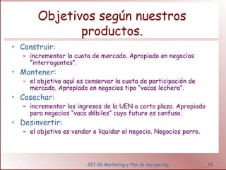 Objetivos según nuestros 
productos. 
GEI-06 Marketing y Plan de marqueting 14 
• Construir: 
– incrementar la cuota de mercado. Apropiado en negocios 
“interrogantes”. 
• Mantener: 
– el objetivo aquí es conservar la cuota de participación de 
mercado. Apropiado en negocios tipo “vacas lechera”. 
• Cosechar: 
– incrementar los ingresos de la UEN a corto plazo. Apropiado 
para negocios “vaca débiles” cuyo futuro es confuso. 
• Desinvertir: 
– el objetivo es vender o liquidar el negocio. Negocios perro. 
 