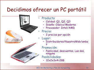 Decidimos ofrecer un PC portátil 
• Producto 
– Calidad: Q1, Q2, Q3 
– Diseño: Clásico/Moderno 
– Procesador: Intel/AMD 
• Precio: 
– 2 precios por opción 
• Lugar: 
– Distribuidores/NuestraWeb/ambo 
s 
• Promoción: 
– Publicidad, descuentos, Las dos, 
ninguna 
• Posibilidades: 
– 12x2x3x4=288 
GEI-06 Marketing y Plan de marqueting 22 
 