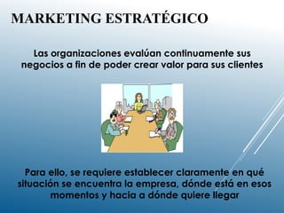 MARKETING ESTRATÉGICO
Las organizaciones evalúan continuamente sus
negocios a fin de poder crear valor para sus clientes
Para ello, se requiere establecer claramente en qué
situación se encuentra la empresa, dónde está en esos
momentos y hacia a dónde quiere llegar
 