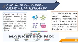 7. DISEÑO DE ACTUACIONES
OPERATIVAS: MARKETING-MIX
24
Consiste en definir los
programas concretos de
producto, precio,
comunicación y distribución
para llevar a cabo las
estrategias propuestas y
alcanzar los objetivos
fijados.
La combinación de esas
cuatro variables se
denomina marketing-mix.
Las decisiones a tomar con
respecto a cada una de ellas
serán distintas en función
de cada caso concreto.
 