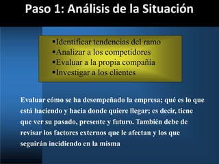 Paso 1: Análisis de la Situación
Identificar tendencias del ramo
Analizar a los competidores
Evaluar a la propia compañía
Investigar a los clientes
Evaluar cómo se ha desempeñado la empresa; qué es lo que
está haciendo y hacia donde quiere llegar; es decir, tiene
que ver su pasado, presente y futuro. También debe de
revisar los factores externos que le afectan y los que
seguirán incidiendo en la misma
 