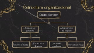 Dueno/Gerente
Asistente de
gerencia
Administrador
del negocio
Area de
marketing
Servicio de redes
Servicio al cliente
Personal de
limpieza
Estructura organizacional
 
